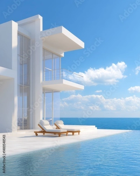 Fototapeta Modern Luxury Villa with Infinity Pool Overlooking the Ocean on a Sunny Day Coastal Paradise Dream Home