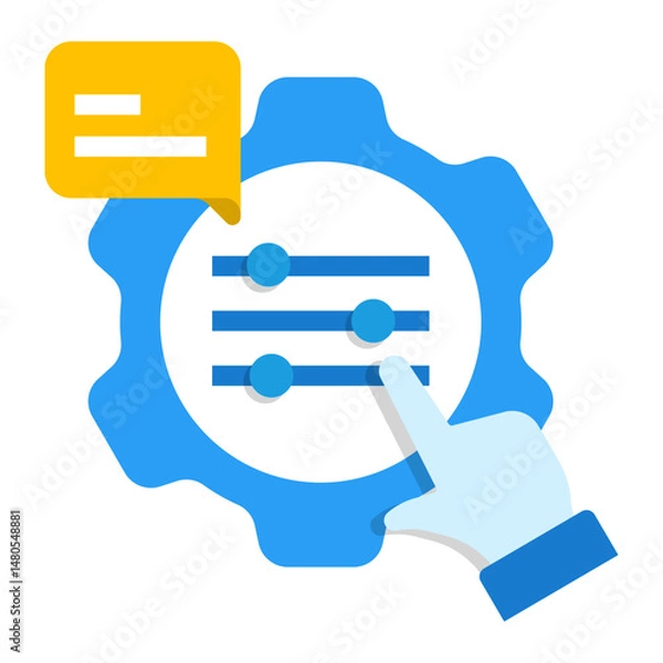 Fototapeta Model Tuning Icon. Gear with sliders and feedback bubble for machine learning configuration, AI parameter adjustment, and fine-tuning processes.