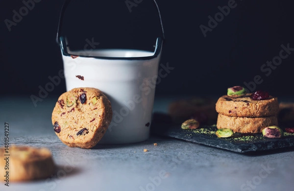 Fototapeta Tasty round homemade healthy biscuit made of oats, butter, nuts and dried fruits