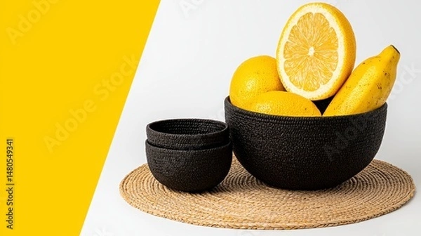 Fototapeta Lemons and Bananas in Black Bowls on Yellow Background