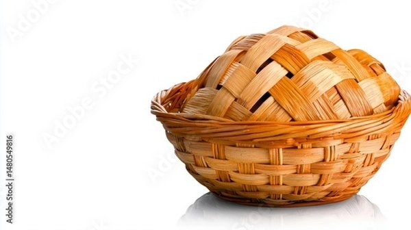Fototapeta Light Brown Wicker Basket with Woven Bread on White Background