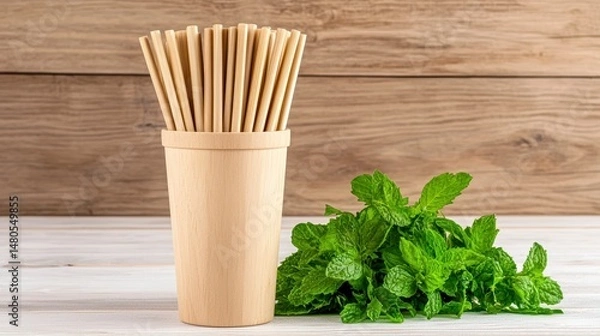 Fototapeta Light Brown Paper Straws and Fresh Mint on Rustic Wooden Table