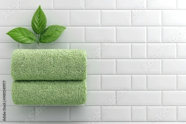 Fototapeta Light Green Towels and Leaves on White Tile Background