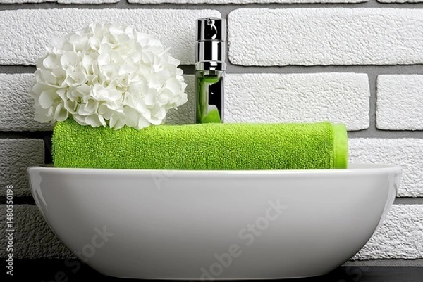 Fototapeta Lime Green Towel and White Hydrangea on White Vessel Sink