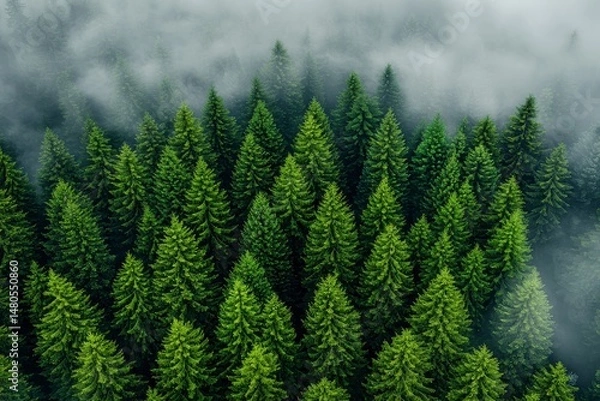 Fototapeta Lush Green Coniferous Forest Aerial View in Fog