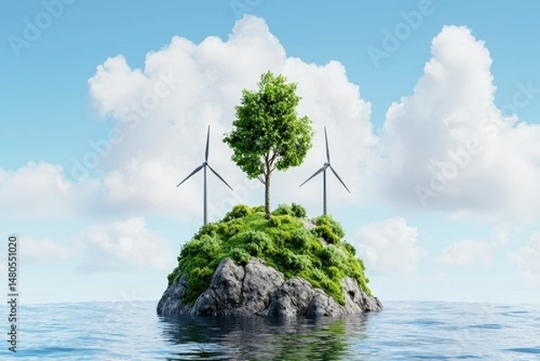 Fototapeta Lush Green Island with Wind Turbines in a Calm Sea