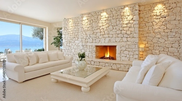 Obraz Luxurious Living Room with Stone Fireplace and Lake View - Elegant living room featuring a stunning stone fireplace, white sofas, and breathtaking lake views through large windows