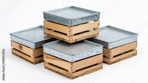 Fototapeta Miniature Wooden Crates with Galvanized Metal Tops on White Background