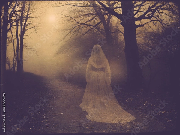 Fototapeta A ghostly bride figure clad in a flowing white dress walks along a misty path in a dense forest at dawn. The dim light adds an eerie atmosphere as trees loom ominously in the background. Image resembl
