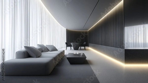 Fototapeta Modern Living Room with Wall-Mounted Lighting and Floor Lamp - Elegant modern living room design, featuring a sleek gray sofa, wall-mounted lighting, a minimalist coffee table