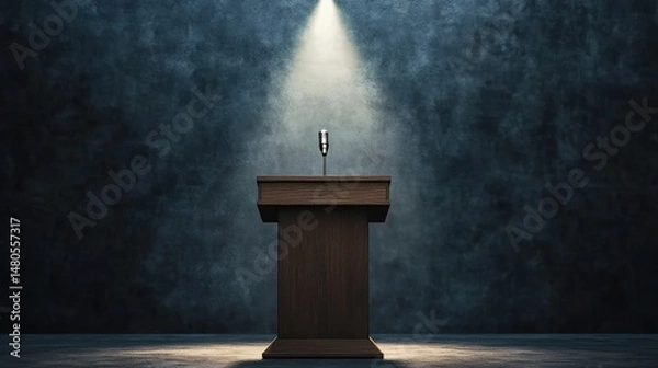 Fototapeta A spotlight illuminates a wooden podium with a microphone in an empty room