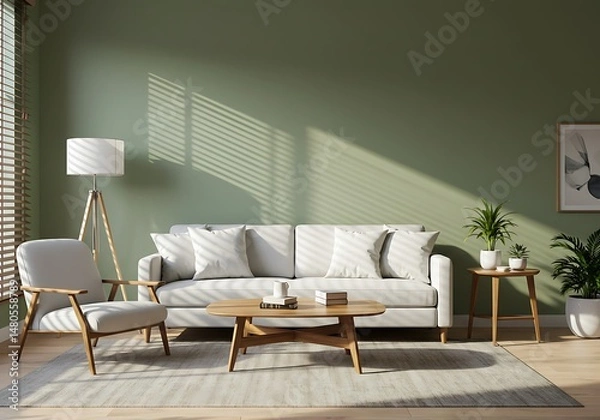 Fototapeta Living room with couch, chair, and plants against a green wall with light from window blinds