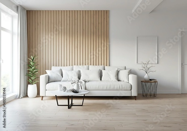 Fototapeta Bright living room with white sofa, wood paneling, and minimalist decor