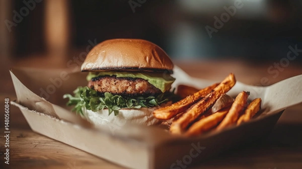 Fototapeta Delicious chicken burger with fresh lettuce and crispy sweet potato fries served on a rustic wooden table