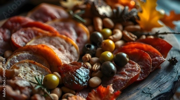 Fototapeta A mystic, enchanting close-up of a charcuterie board with meats, olives, and nuts, warm autumnal colors, gentle color contrasts, dreamy atmosphere, ethereal quality, earthy and cozy ambiance 