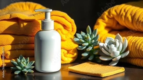 Fototapeta A moody, low-contrast image of a white hand lotion jar beside yellow towels and succulents, rendered in a strong, stylized manner 