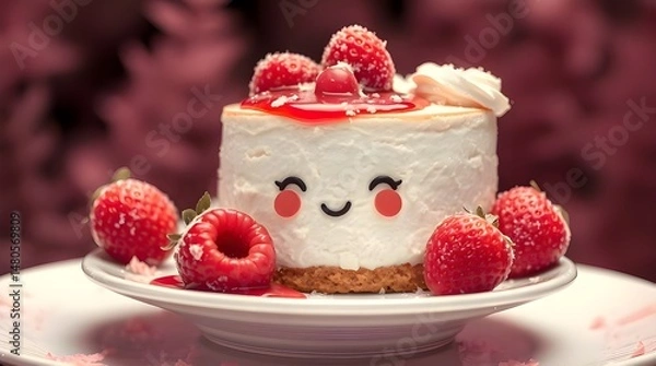 Fototapeta A surreal infrared image of an adorable and charming Creamy Cheesecake with Strawberries and Raspberry Sauce. Infrared tones give it an otherworldly appearance 
