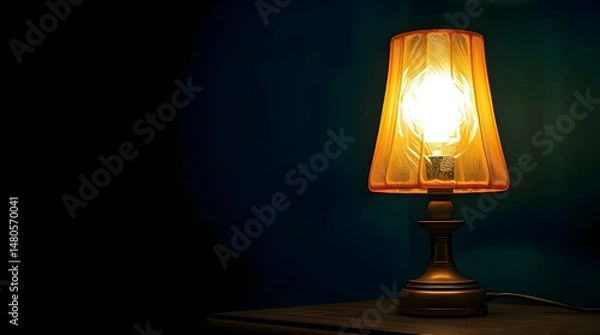 Fototapeta A warm-lit LED table lamp with a textured glass shade. Rich deep teal color, eerie and creepy atmosphere, dark tones, unsettling details, luxurious and vibrant textures 