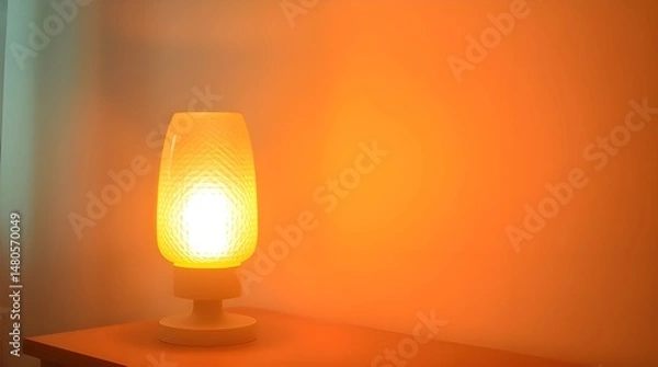 Fototapeta A warm-lit LED table lamp with a textured glass shade. Soft dreamy atmosphere, warm terracotta and cool teal colors, hazy soft light, earthy and cool contrast