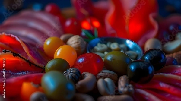 Fototapeta An extreme macro close-up of a charcuterie board with meats, olives, and nuts, glowing bioluminescent colors, natural light effects, vibrant glow, small subject detail 