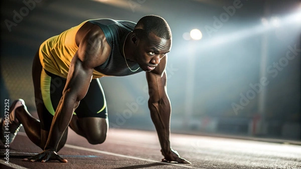 Obraz Focused professional athlete is preparing to sprint on track, showcasing strength and determination in dynamic pose. scene is illuminated by dramatic lighting, enhancing intensity of moment