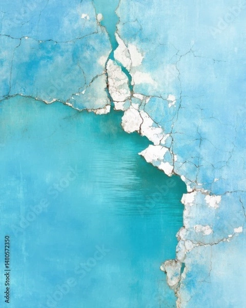 Fototapeta Cracked blue wall texture close up showing peeling paint and underlying surface in a vertical shot