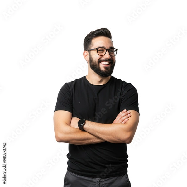 Fototapeta Smiling man with glasses and arms crossed isolated on transparent background
