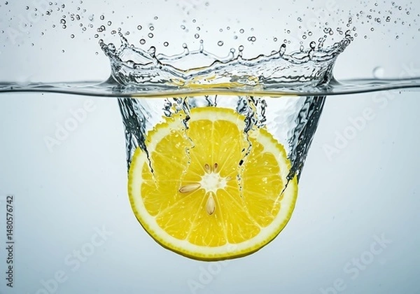 Obraz A lemon slice splashing into clear water creating waves
