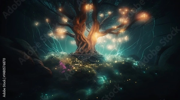 Obraz Glowing Tree with Fantasy Forest.