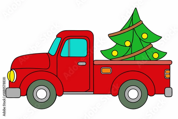 Fototapeta red truck with Christmas tree on white