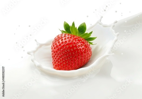 Fototapeta A strawberry splashing into a pool of white liquid