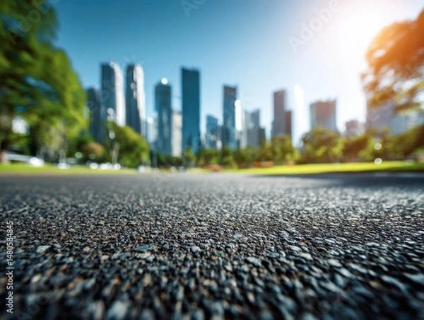Fototapeta Asphalt road leads to modern city skyline with lush green park on sunny day low angle perspective