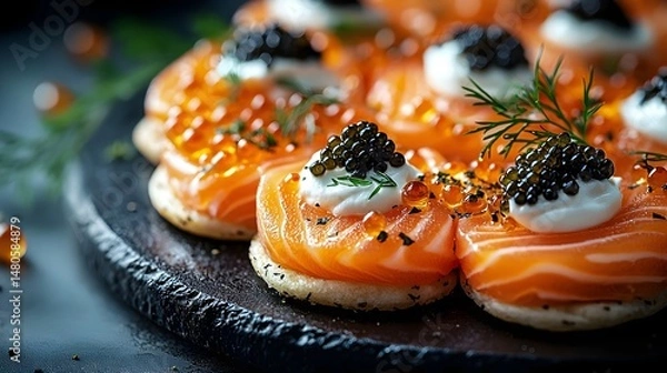 Fototapeta Elegant dish of smoked salmon on soft blini