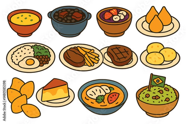 Fototapeta A large vector set of Brazilian dishes served in bowls and on plates is available