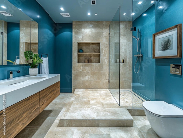 Obraz Modern luxury bathroom with blue walls, natural stone tiles, glass shower enclosure, and sleek wooden vanity, creating a stylish and relaxing space.  

