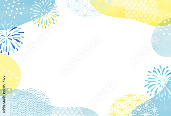 Fototapeta おしゃれな暑中見舞い 夏の水彩風 和柄 花火の フレーム	