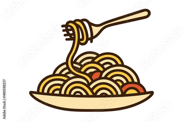 Fototapeta A minimalist design featuring a fork and a plate of noodles in a single, unbroken line drawing, suitable for dining and food themes