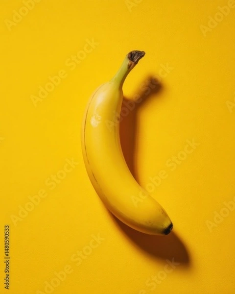 Fototapeta Single ripe banana casting shadow on bright yellow background overhead shot studio lighting minimalist food photography