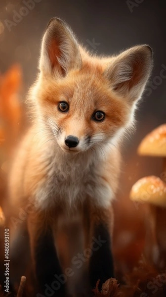 Fototapeta Fairy dust causes the tail of a baby fox to sparkle, as it stands amidst a cluster of glowing mushrooms in a forest filled with magic
