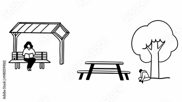 Fototapeta Illustration of people enjoying a park with a bench, picnic table, and a tree in black and white created with generated ai