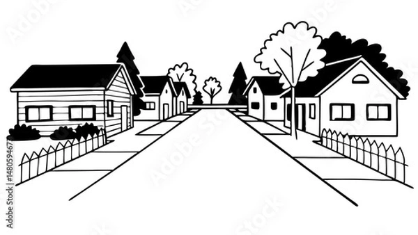 Fototapeta A black and white illustration of a suburban street with houses and trees in a linear perspective view created with generated ai