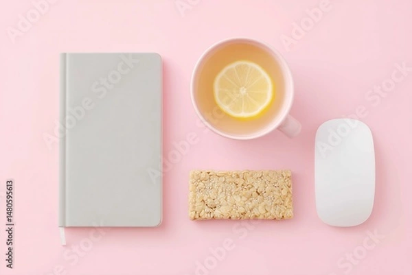 Obraz Notebook, wireless mouse, cereal bar and lemon tea on pink background