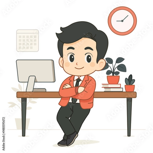 Fototapeta A boss is posing in front of his desk in an office in a chibi cartoon style