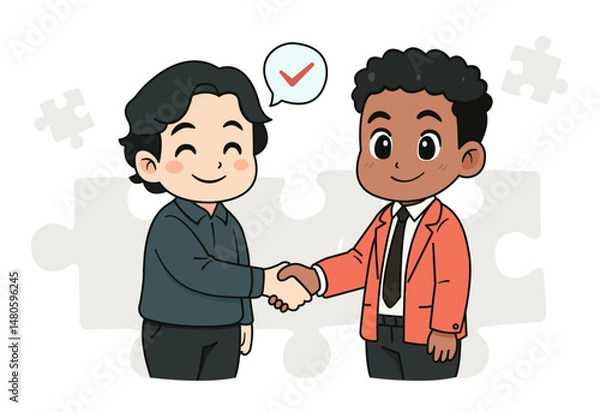 Fototapeta An Asian man and an African man shaking hands because they agree on business in a cute cartoon style