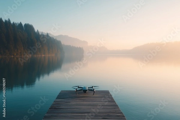 Obraz Drone standing on a wooden pier at sunrise on a misty lake, copy space