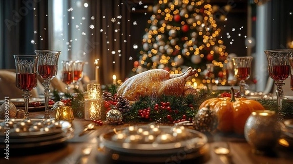 Fototapeta Warm and Inviting Christmas Dining Table Scene with Candles, Fresh Greens, and Traditional Holiday Decorations on a Rustic Wooden Surface