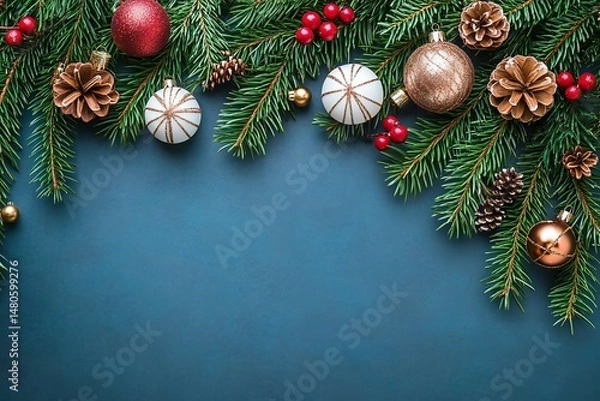 Fototapeta Timeless Winter Wonderland Christmas Background Featuring Fir Branches, Decorations, and Text Space - Perfect for Holiday Cards, Greetings, or Advertising