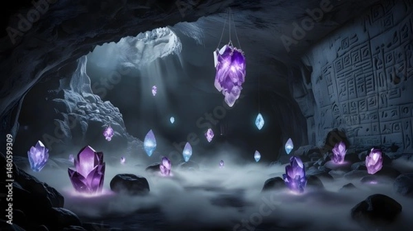Fototapeta Mystical Crystal Cave with Floating Orbs