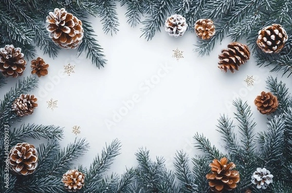 Fototapeta Minimalist Flat Design Christmas Greeting Card Featuring Festive Fir Branches, Snowy Pine Cones, and New Year Symbol on White Background