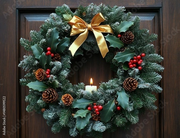 Fototapeta Classic Christmas Wreath with Evergreen Branches, Pine Cones, and Red Berries on a Wooden Door or Wall for Holiday Decoration